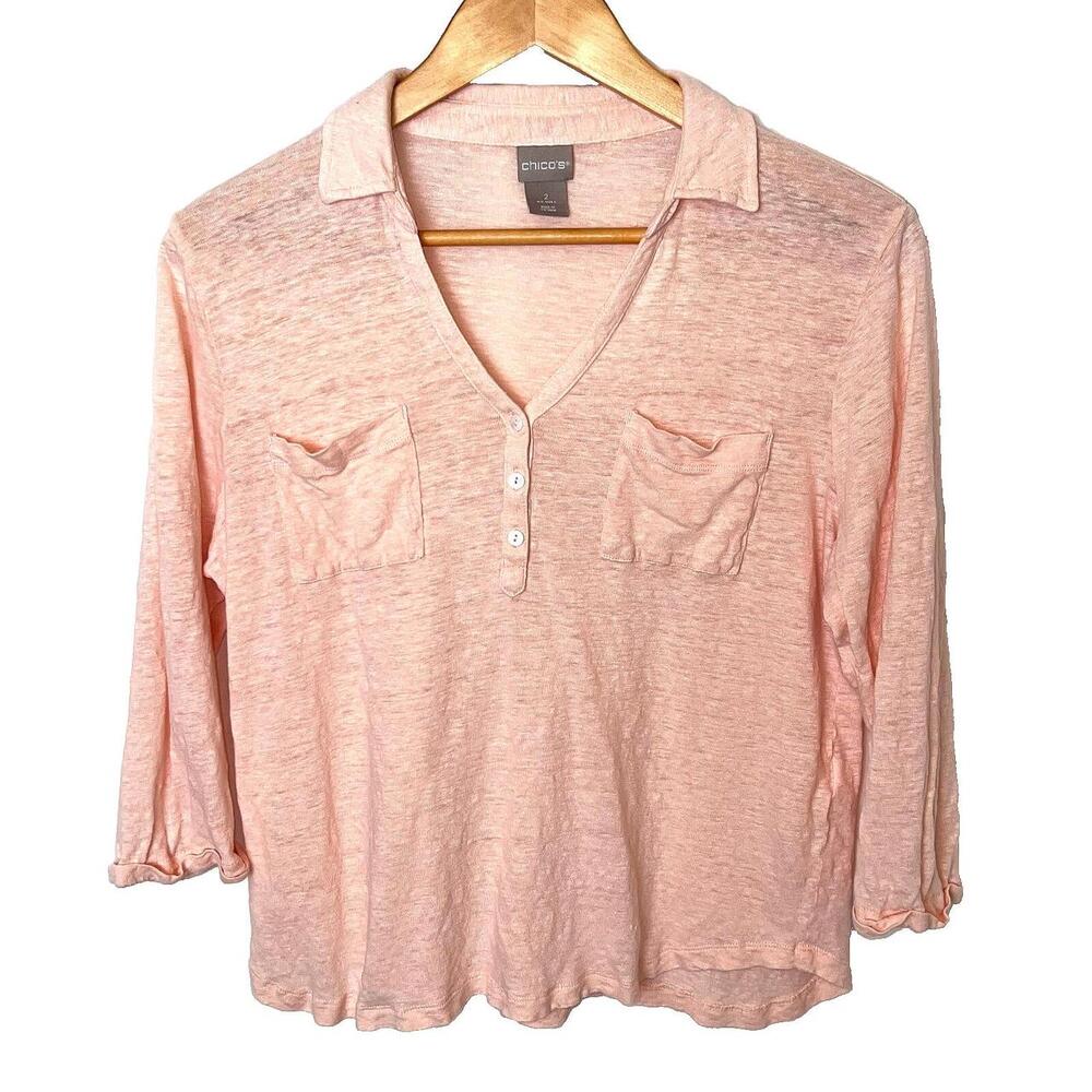 Chico's Blouse Women L Peach Linen Collared Pockets Cuffed